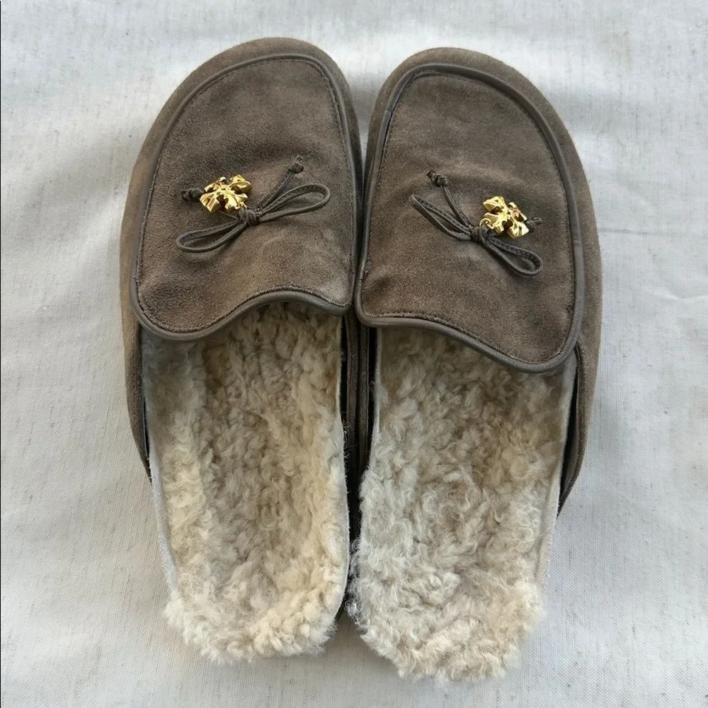 Tory Burch Tory Charm Shearling Suede Slip-on Clogs 8.5